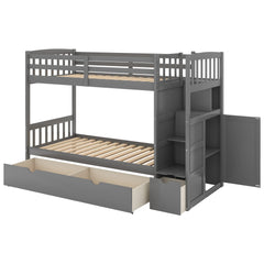 AECOJOY Twin over Full/Twin Convertible Bunk Bed with Storage Shelves and Drawers, Grey