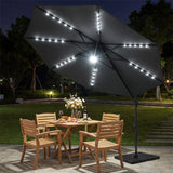 10FT Cantilever Patio Umbrella w/ 36 Solar LED Lights, 360° Rotation Offset Hanging Umbrella, Easy Tilt, 8 Sturdy Ribs, Sun Shade for Yard Pool