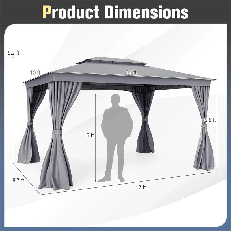10 x 13 FT Patio Gazebo, Double-Roof Outdoor Canopy Tent with Mesh Netting & Privacy Curtains, Heavy-Duty Metal Frame Pavilion for Garden Yard