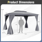 10 x 13 FT Patio Gazebo, Double-Roof Outdoor Canopy Tent with Mesh Netting & Privacy Curtains, Heavy-Duty Metal Frame Pavilion for Garden Yard