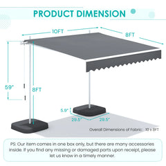 AECOJOY Free Standing Retractable Awning, 10'x8' Patio Awnings Outdoor Manual Sun Shade Shelter, Dark Grey