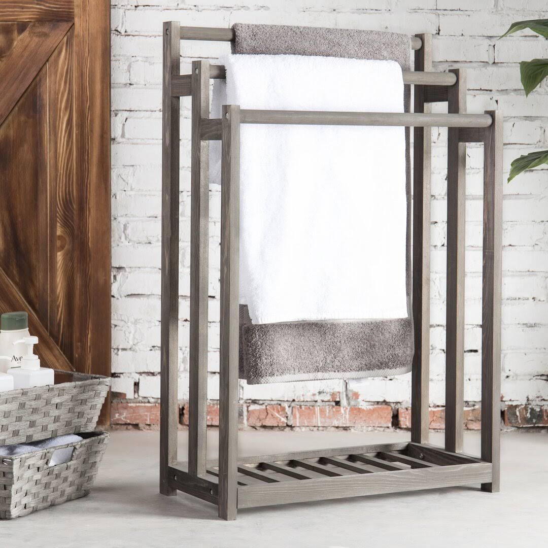 MyGift 3-Bar Wood Gray Towel and Quilt Rack Stand for Kitchen and Bathroom with Bottom Shelf
