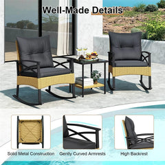 3 Piece Rattan Patio Rocking Bistro Set, Outdoor Wicker Rockers with Cushions & 2-Tier Tempered Glass Coffee Table for Porch, Balcony, Backyard