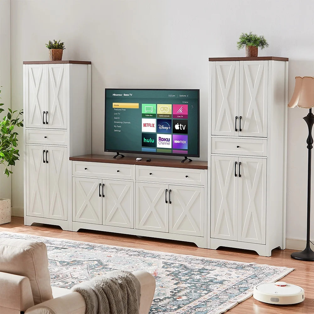 Trumanpick 61"h Large Buffet Sideboard Cabinet, TV Cabinet, Kitchen Pantry for Dining Room, Living Room, 61.3''L x 15''W x 29.8''H, White/Walnut