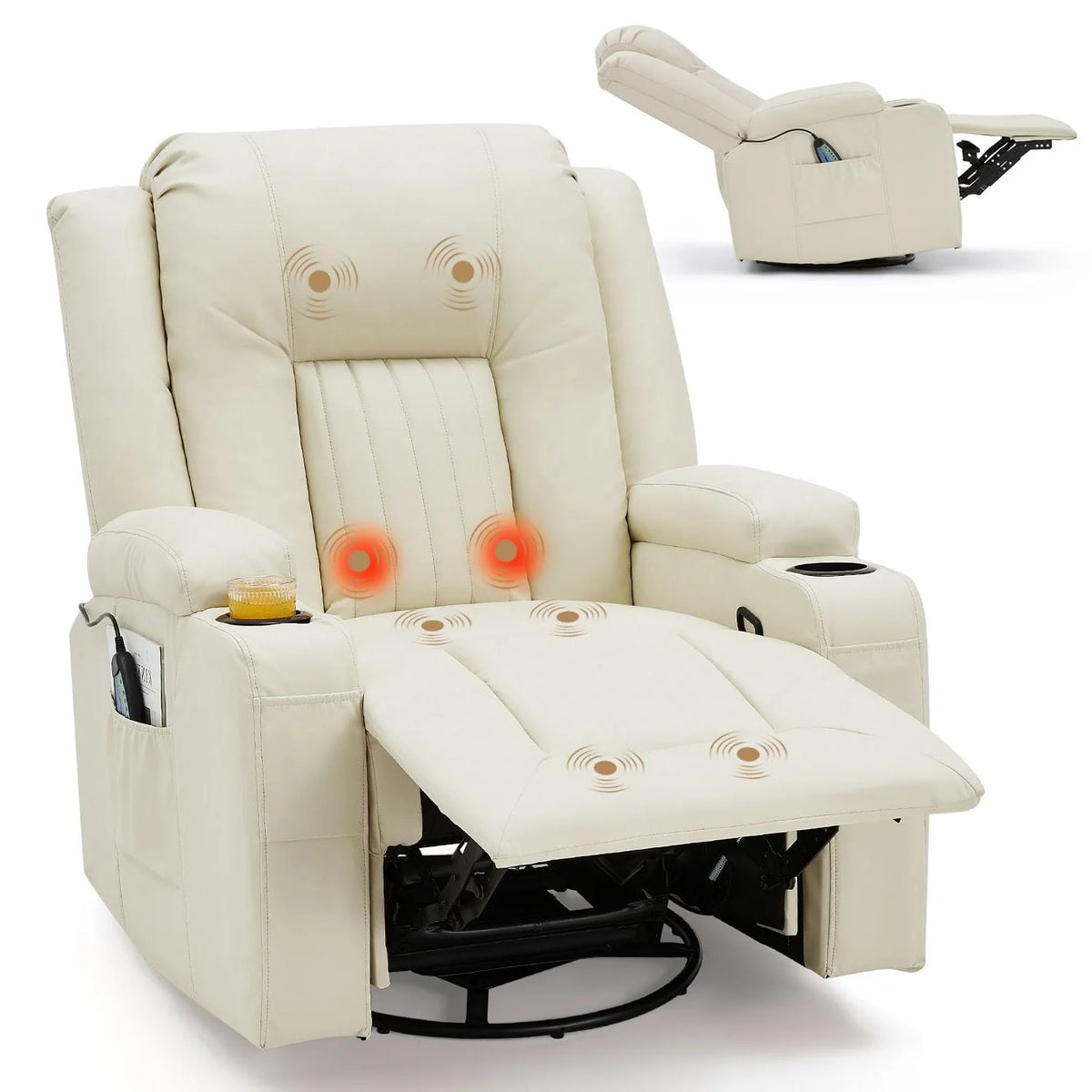 AECOJOY Massage Recliner Manual Chair with Heating & 360° Swivel Rocking Function, Cream White