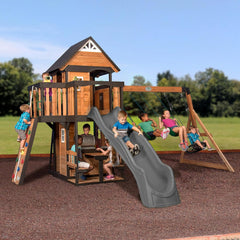 Backyard Discovery Canyon Creek Cedar Wood Swing Set with Wave Slide. Clubhouse. Play Kitchen. Picnic Area. Belt Swings. Web Swing. Rock Wall. Balconies. Playhouse. Step Ladder. Outdoor Playset