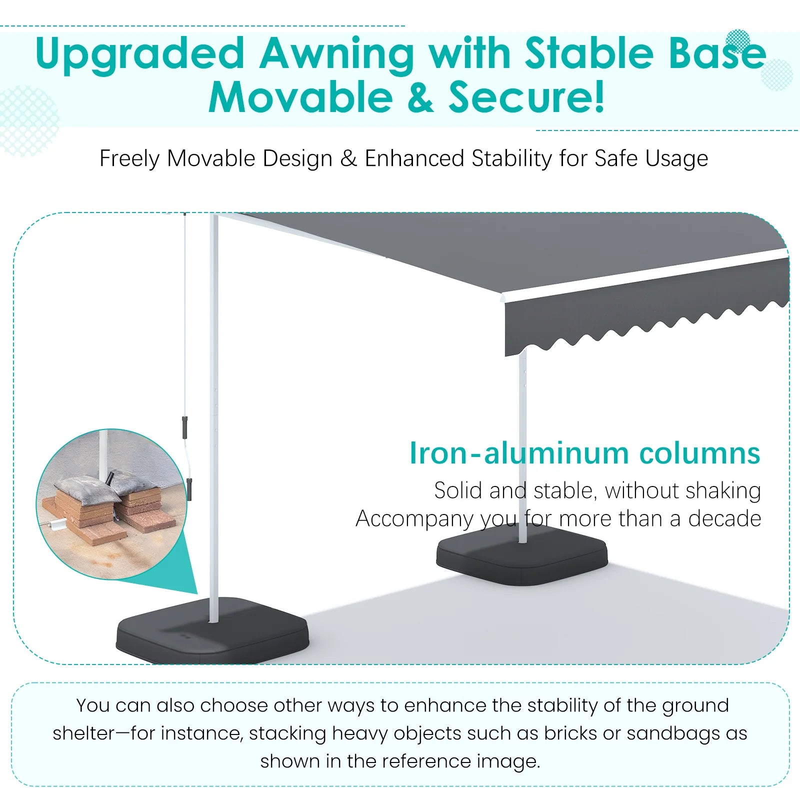 AECOJOY Free Standing Retractable Awning, 13'x8' Patio Awnings Outdoor Manual Sun Shade Shelter, Dark Grey