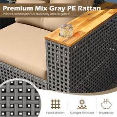 86.5" 3-Seat Patio Wicker Sofa, 3PCS Modular PE Rattan Sectional Furniture Set with Cup Holders & Wood Armrests, Outdoor Couch for Garden Yard