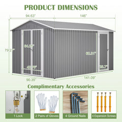 AECOJOY 8x12 FT Outdoor Metal Storage Shed with Additional Side Door, Large Tool Shed with 2 Lockable Doors