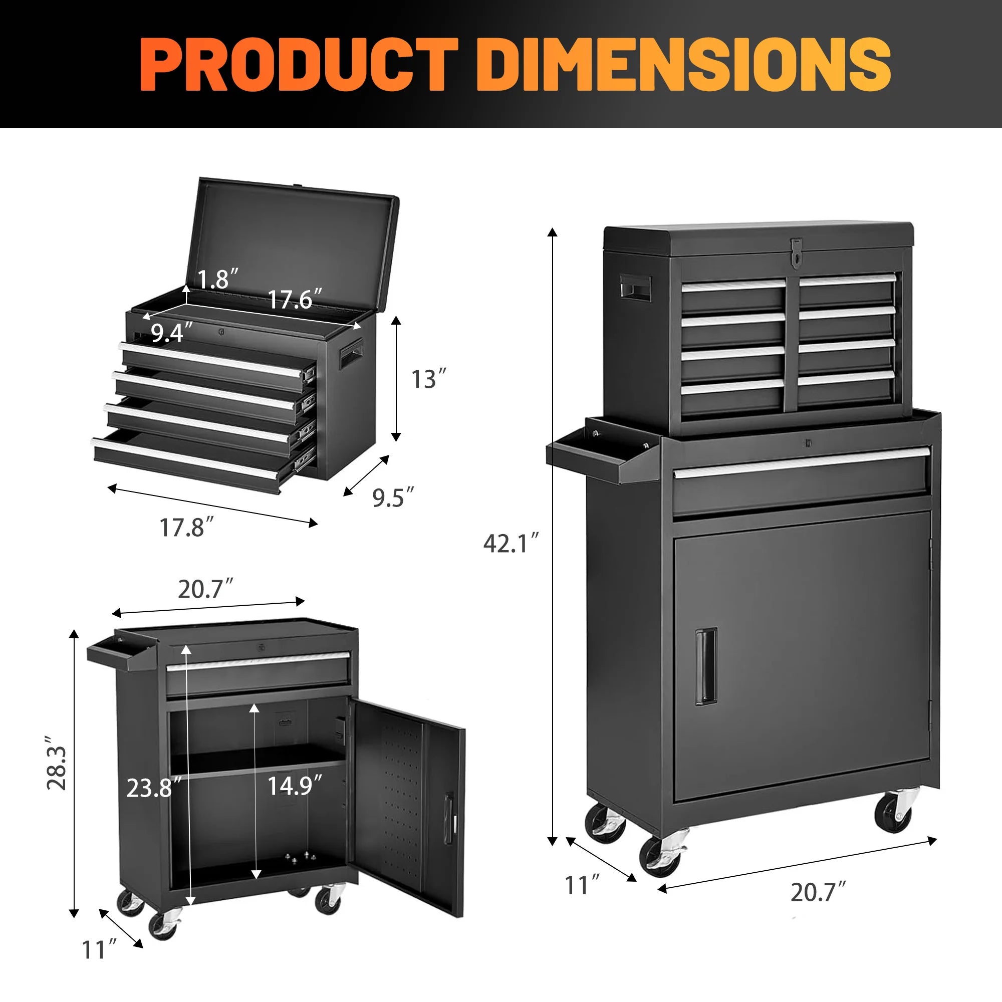 AECOJOY 5-Drawer Rolling Tool Chest Storage Cabinet with Detachable Top Tool Box