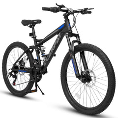 24 in Dual/Front Suspension Mens Womens Mountain Bike, 21 Speeds Dual Disc Brake, High - Carbon Steel Frame, Trail Beach Snow Commuter City Bikes, Black
