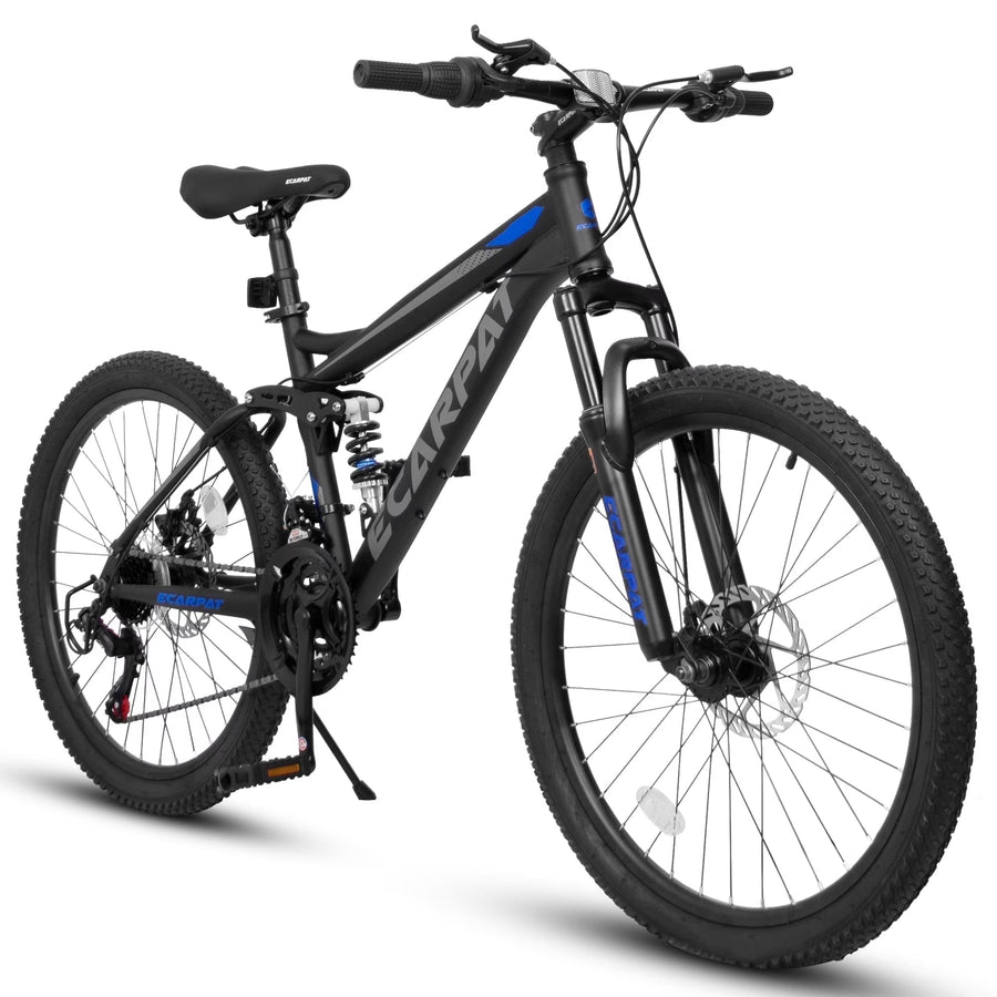 24 in Dual/Front Suspension Mens Womens Mountain Bike, 21 Speeds Dual Disc Brake, High - Carbon Steel Frame, Trail Beach Snow Commuter City Bikes, Black