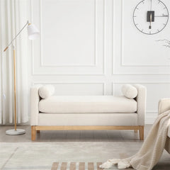 53.5"w Elegant Upholstered Bench with Wood Legs & Round Pillows, Comfy Boucle Fabric Footrest with Arms, Entryway Bench for End of Bed, Bedroom and Living Room, Ivory