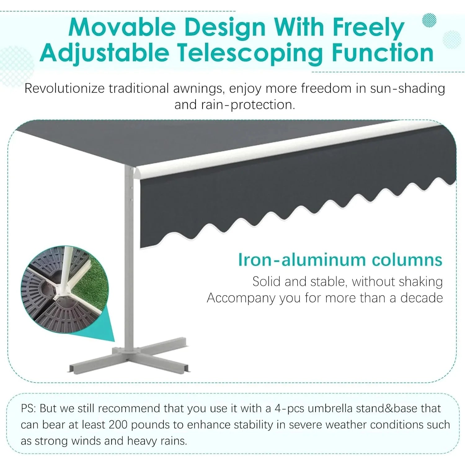AECOJOY Free Standing Retractable Awning, 13'x10' Patio Awnings Outdoor Manual Sun Shade Shelter, Dark Grey