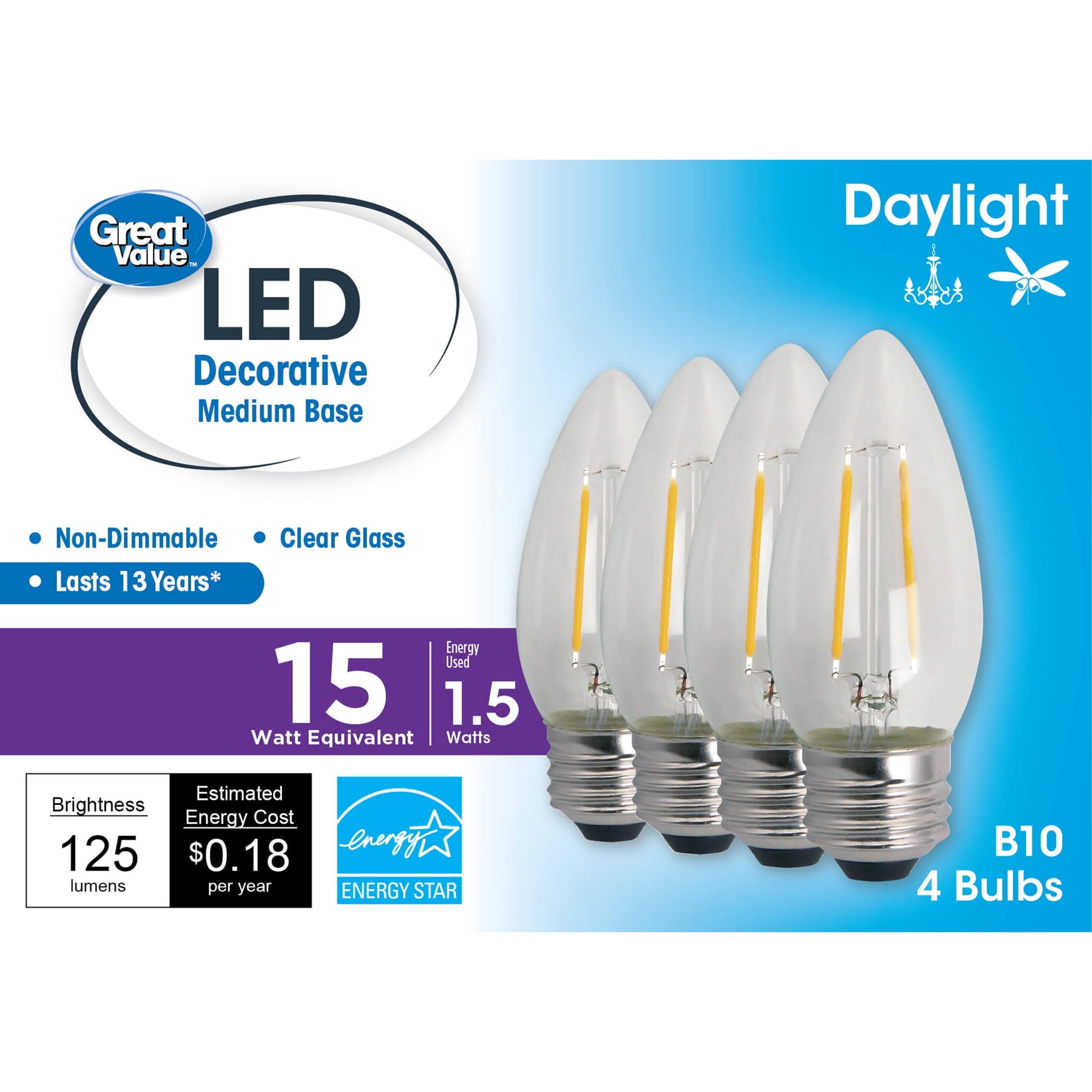 Great Value LED Light Bulb, 1.5W (15w Equivalent) B10 Deco Lamp E26 Medium Base, Non-Dimmable, Daylight, 4-Pack, Size: 4 Bulbs