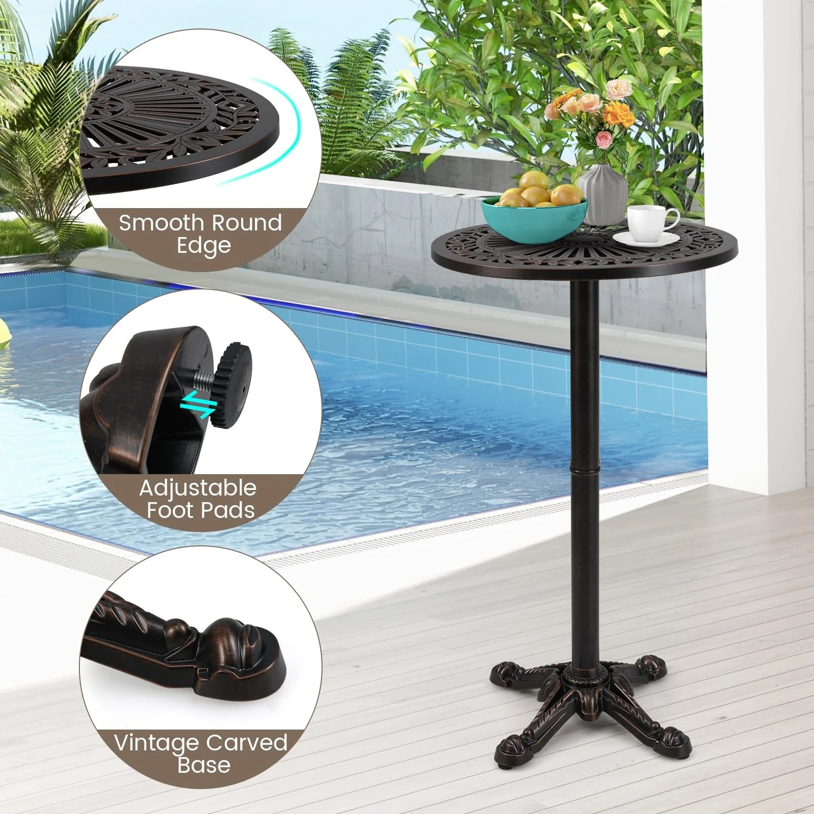 Tangkula 24" Outdoor Round Bar Table Cast Aluminum Heavy Duty Patio High Table with Stable Cross-Shaped Base