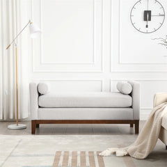 53.5"w Elegant Upholstered Bench with Wood Legs & Round Pillows, Comfy Boucle Fabric Footrest with Arms, Entryway Bench for End of Bed, Bedroom and Living Room, Ivory