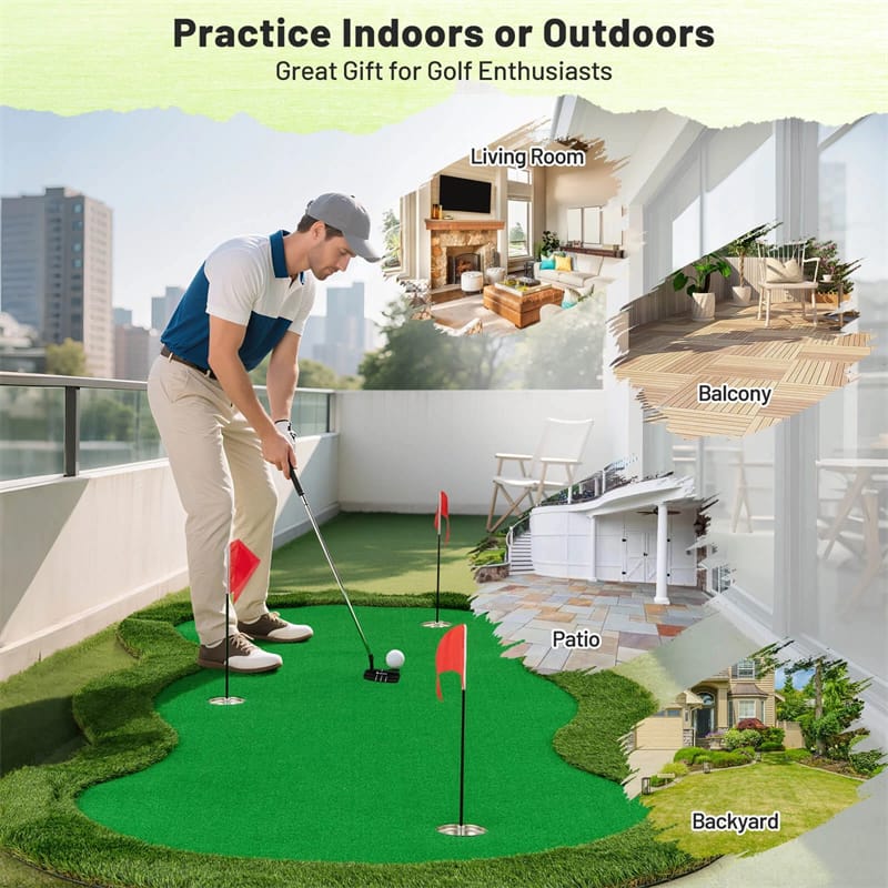 10FT x 5FT Golf Putting Green, Indoor Outdoor Professional Golf Practice Mat with 3 Holes & Golf Balls, Golf Training Mat for Home Office, Backyard
