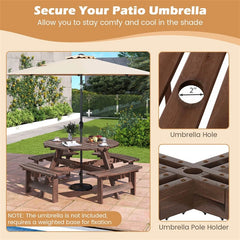 8-Person Round Wood Picnic Table Set with 4 Built-in Benches & 2" Umbrella Hole, Holds 2420 LBS, Outdoor Dining Table & Bench for Patio Garden