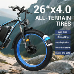 3000W Peak Dual Motor Ebike, 52V 30AH Battery Electric Bike for Adults, 7 - Speed 40MPH AWD Ebike Mountain Snow E - Bike with 26" x 4.0 Fat Tire MTB Hydraulic Disc Brake for Off - Road Snow