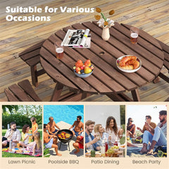 8-Person Round Wood Picnic Table Set with 4 Built-in Benches & 2" Umbrella Hole, Holds 2420 LBS, Outdoor Dining Table & Bench for Patio Garden