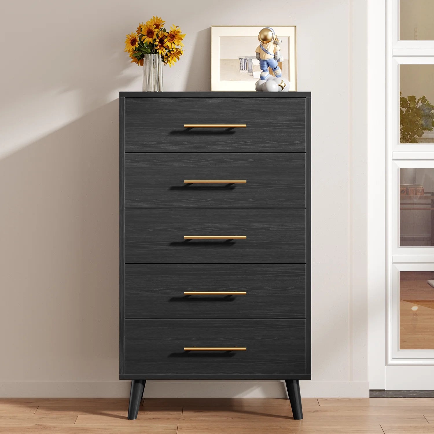 Bedroom Set - Includes Full Size Bed Frame (Dark Gray), Nightstands, 5 - Drawer Dresser & Double Wide 6 - Drawer Dresser - Modern Storage Solution for Stylish Home Decor, Black