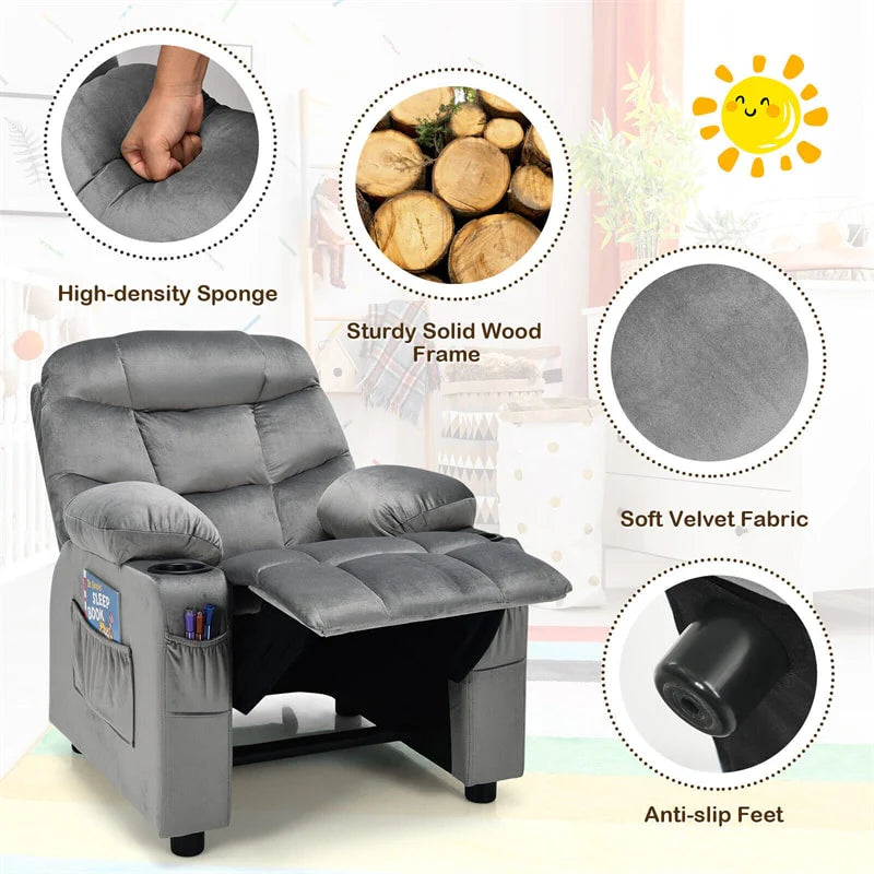 Kids Recliner Chair Adjustable Velvet Lounge Sofa with Cup Holders, 3 Pockets, Retractable Footrest, Toddler Furniture Sofa for Boys Girls Room