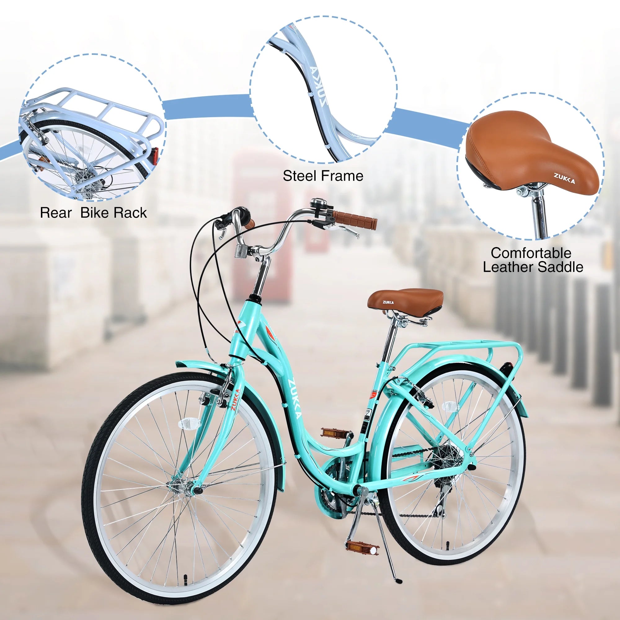 26 in Women'S Bike, Adult Cruiser Bicycle Shimano 7 Speed Steel Frame City Commuter Bike for Ladies, Green
