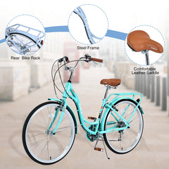 26 in Women'S Bike, Adult Cruiser Bicycle Shimano 7 Speed Steel Frame City Commuter Bike for Ladies, Green