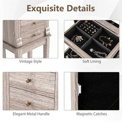 Standing Jewelry Armoire Cabinet with Flip Top Mirror, 5 Drawers & 2 Swing Doors, Velvet Lined Jewelry Storage Organizer for Necklaces Rings