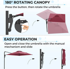 AECOJOY 10ft Cantilever Patio Umbrella, Large Rectangle Umbrella 180° Rotation Offset, Red