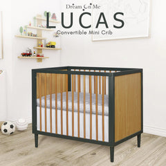 Dream on Me Lucas Mini Modern Crib with Rounded Spindles I Convertible Crib I Mid - Century Meets Modern I Portable Crib