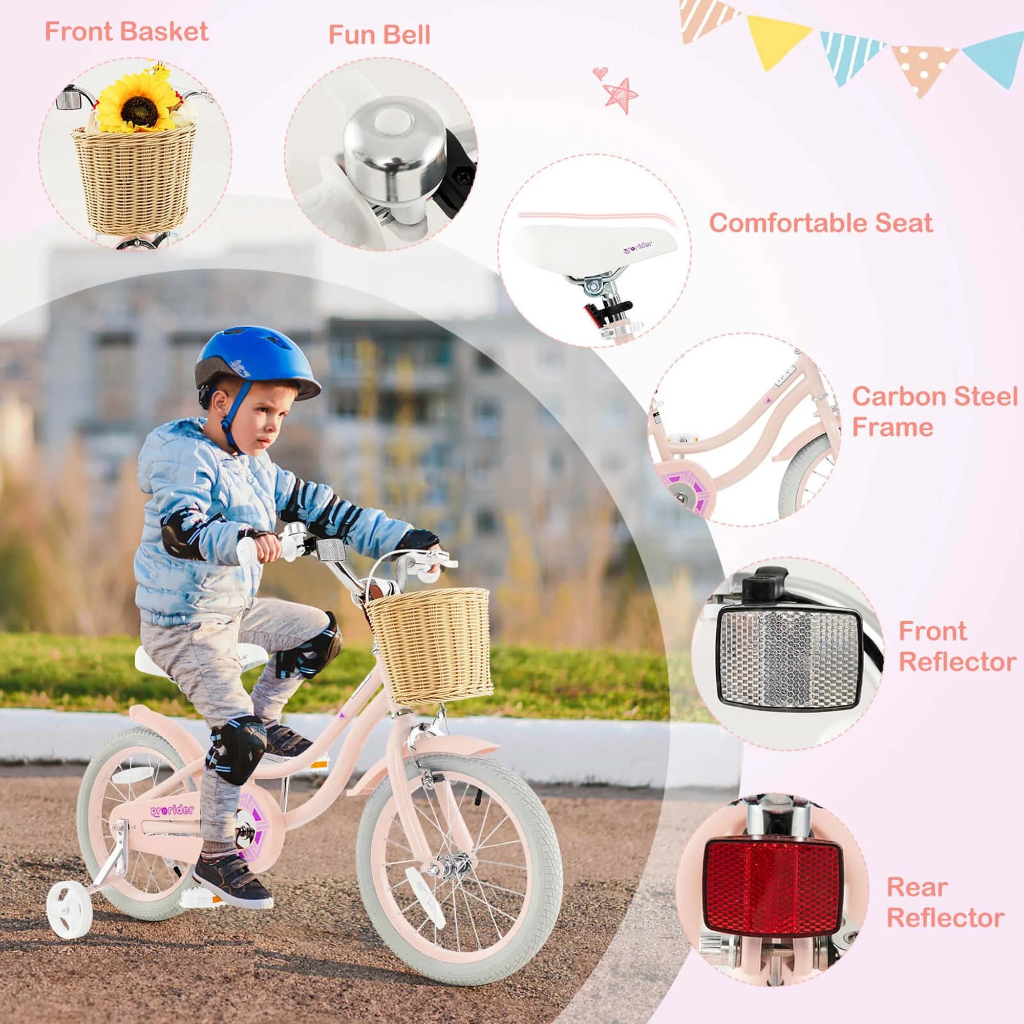 Prorider 16" Kid'S Bike with Training Wheels Adjustable Handlebar Seat Handbrake Pink