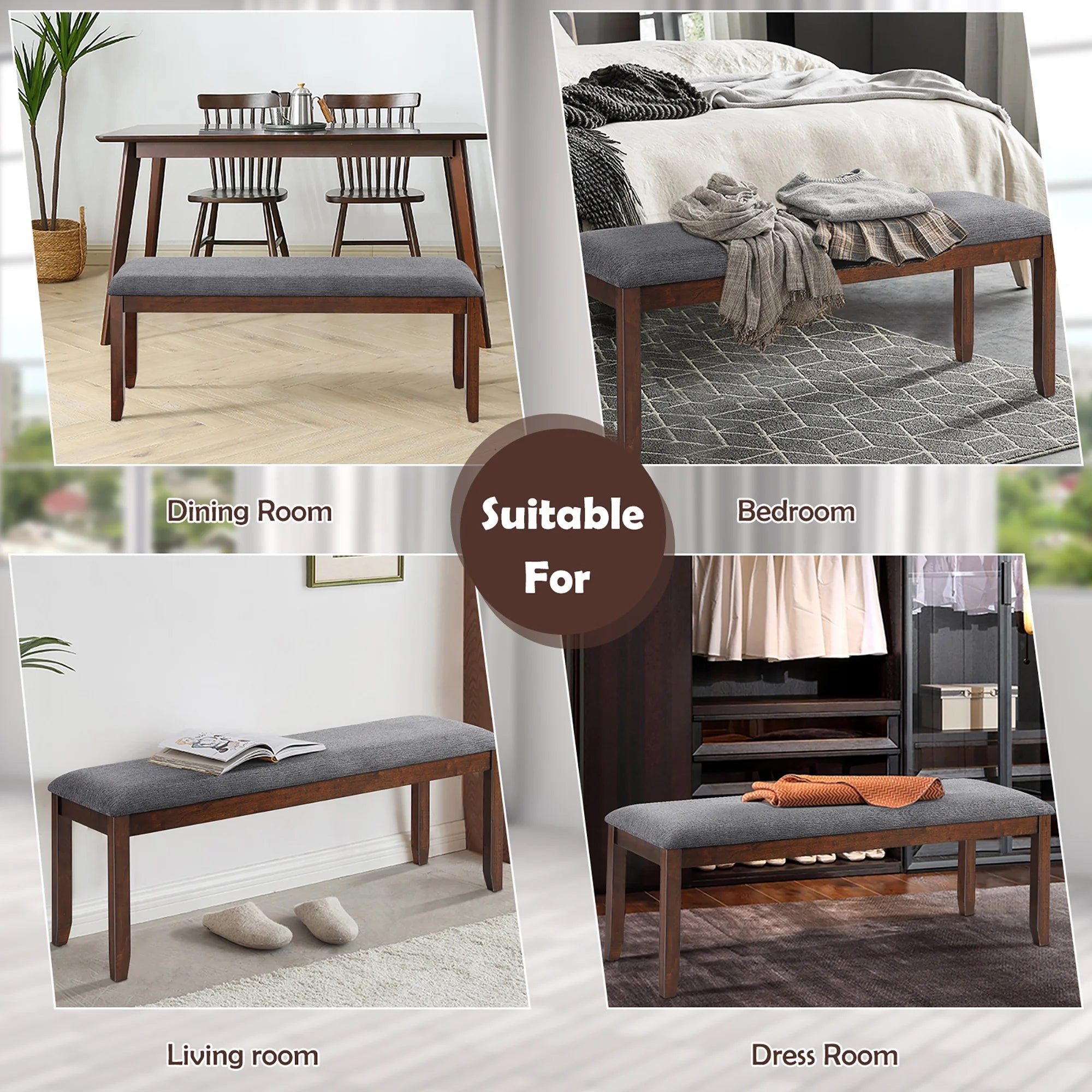 Costway Dining Bench Upholstered Entryway Bench Footstool Kitchen W/ Wood Legs