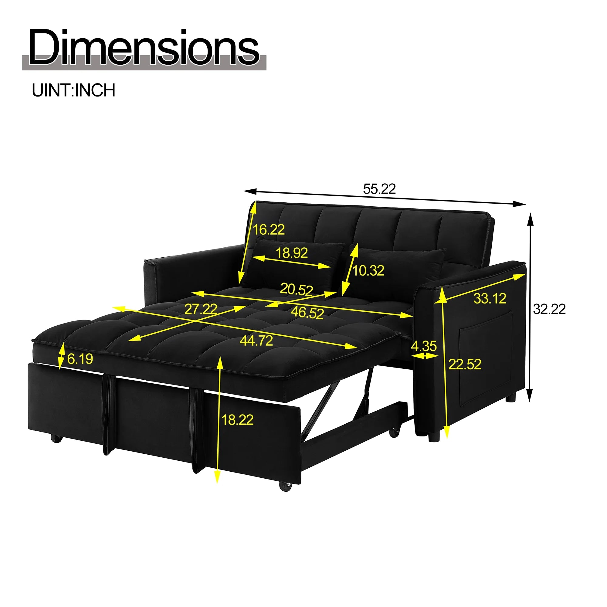 Convertible Sofa Bed, 3 - in - 1 Sleeper Sofa with Pull Out Bed, Sleeper Futon Couch Loveseat with Adjsutable Backrest and Pillows for Living Room, Black