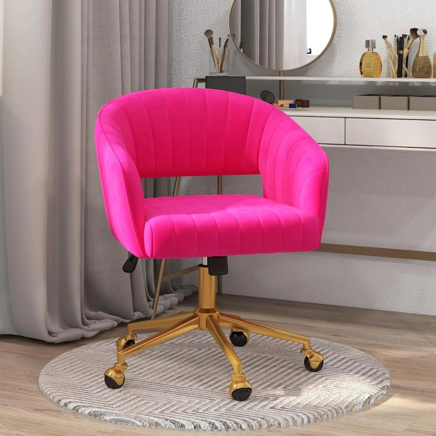 Home Office Swivel Desk Chair, Modern Velvet Vanity Chair, Height Adjustable Armchair with Gold Base, Ergonomic Office Chair for Task Study Computer Room, Beige