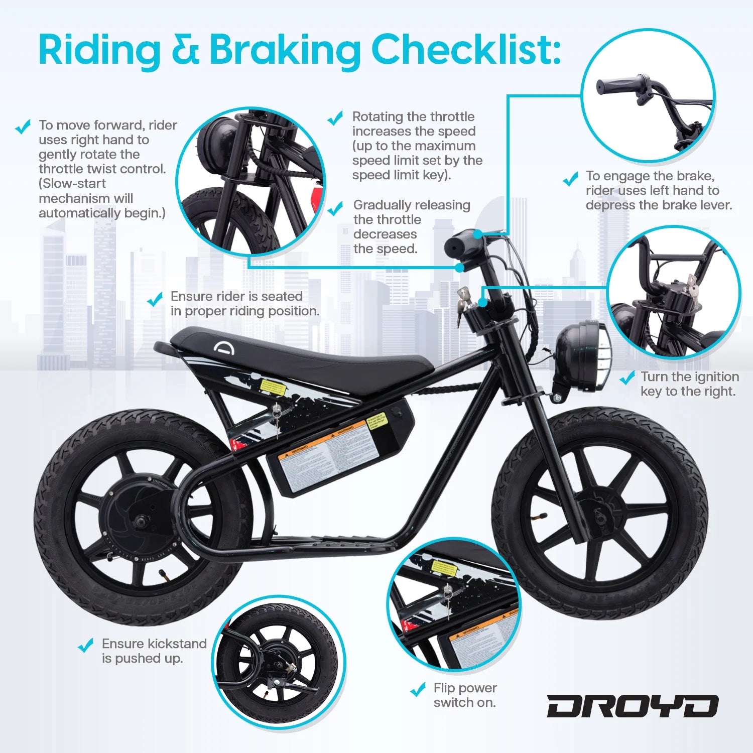 Droyd Weeler Electric Mini Bike - 24V 8ah Battery, 6 - 10 MPH, up to 8 Miles, LED Lights, Kids Ages 6+
