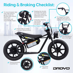 Droyd Weeler Electric Mini Bike - 24V 8ah Battery, 6 - 10 MPH, up to 8 Miles, LED Lights, Kids Ages 6+