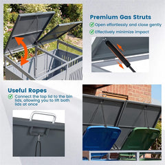 44 Cu.Ft Outdoor Trash Can Storage Shed for 2 Bins, Metal Garbage Can Organizer with Gas Struts, Shock Absorbers, Lockable Doors & Slant-Roof