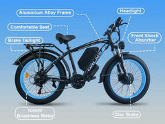 5000W (Peak) Electric - Bike for Adults, 60V 25AH Battery Electric Motorcycle, Dual - Motor - Ebike 50MPH Ebike, 26*4.0 Fat Tire Electric - Bicycle, AWD 21 - Speed Mountain Bike for All - Road UL 2849