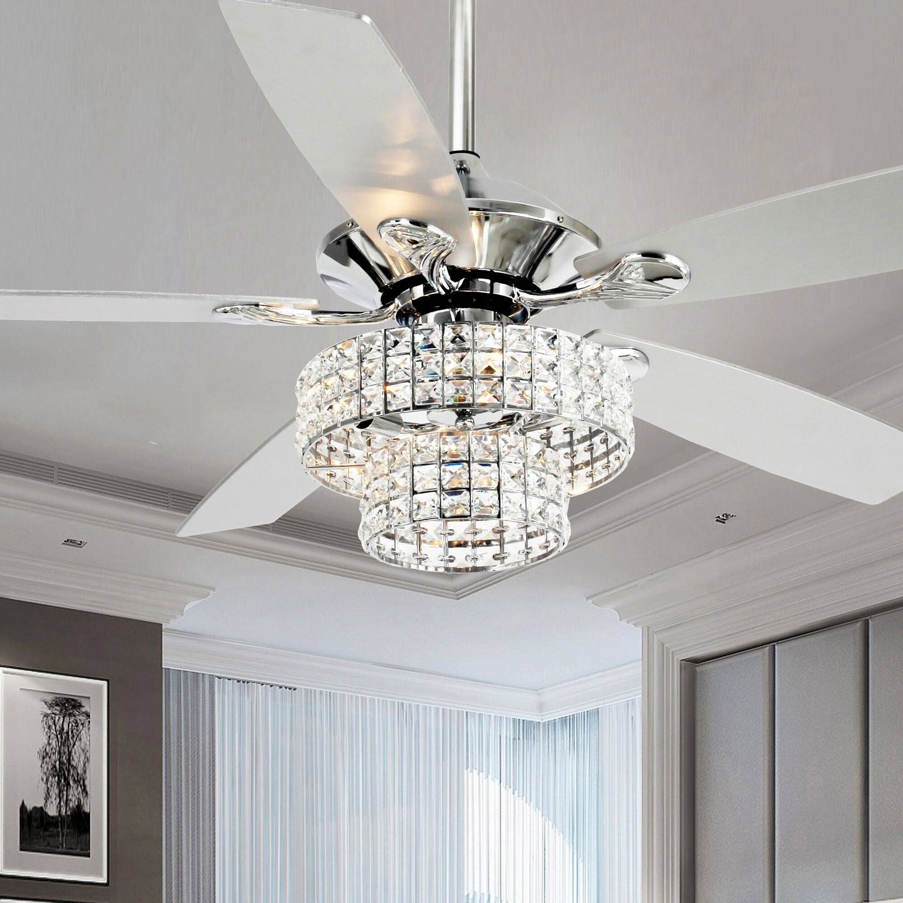 Parrot Uncle 52-Inch Modern 4-Light Dual Crystal Shade Ceiling Fan with Remote Matte Black 52-in N/A Matte