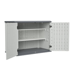 AECOJOY Horizontal Storage Shed with Removable Shelf, Lockable Outdoor Storage Cabinet – 28 Cu.ft, Ivory White