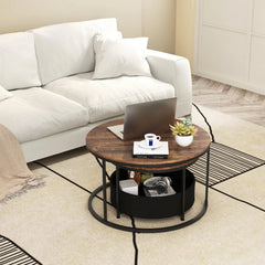 Tangkula Round Nesting Coffee Table Set of 2 with Fabric Storage Basket & Metal Frame