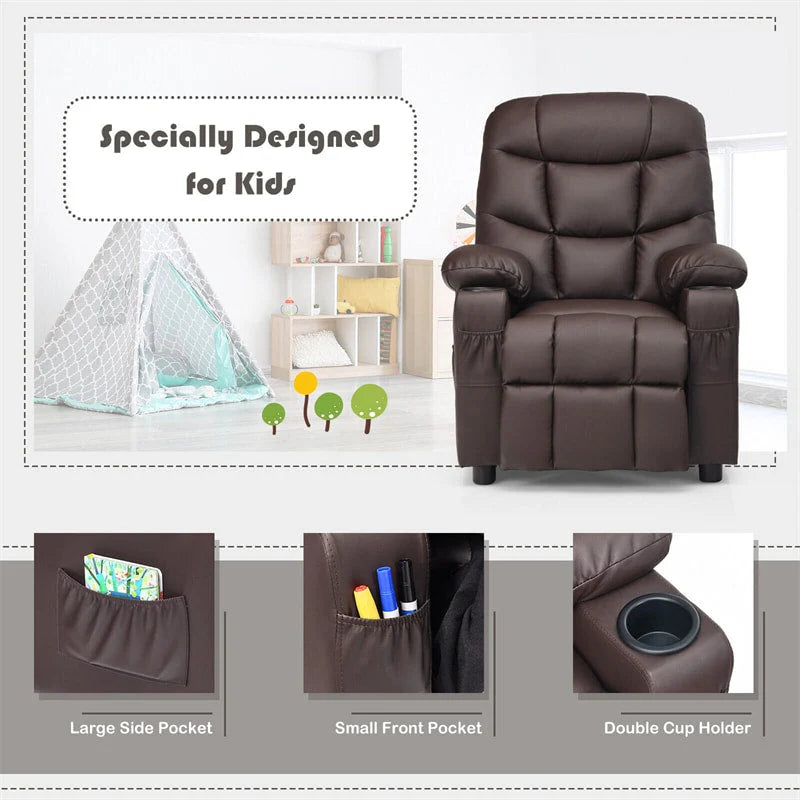 Kids Recliner Chair Adjustable Velvet Lounge Sofa with Cup Holders, 3 Pockets, Retractable Footrest, Toddler Furniture Sofa for Boys Girls Room