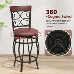 26" Vintage Swivel Bar Stools Set of 2, Counter Height Metal Barstools with Back & Upholstered PU Leather Padded Seat for Pub, Kitchen Island