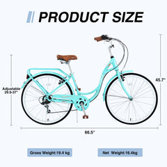 26 in Women'S Bike, Adult Cruiser Bicycle Shimano 7 Speed Steel Frame City Commuter Bike for Ladies, Green