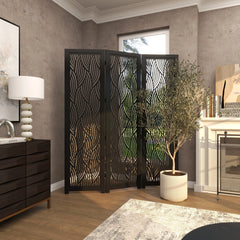 Decmode 60" x 72" Black Mango Wood Abstract Wavy Cutout 3 Panel Room Divider Screen, 1 - Piece