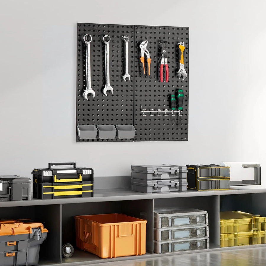 Carbon steel/Polypropylene Socket storage 2 x Metal Pegboard Panels 8 x Yellow Expansion Plugs 8 x M5x 50 Self-tapping Screws