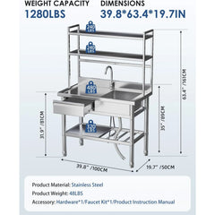 AECOJOY Stainless Steel Utility Sink with Shelves, Free Standing Single Bowl Commercial Kitchen Sinks