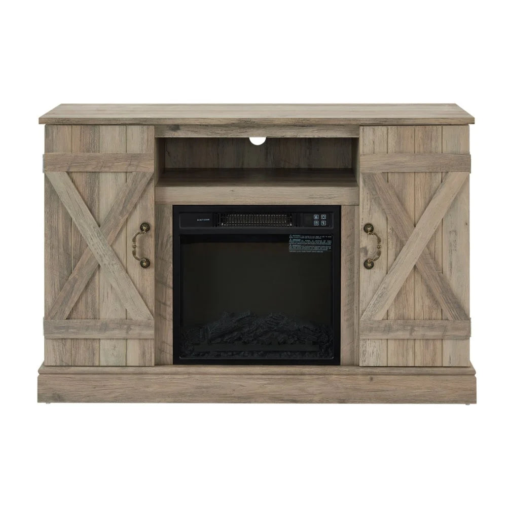Gzxs Farmhouse Fireplace TV Stand with 18" Electric Fireplace for 50 in Tvs, Farmhouse Entertainment Center W/ Open Shelves, TV Media Console for Living Room, Gray Wash